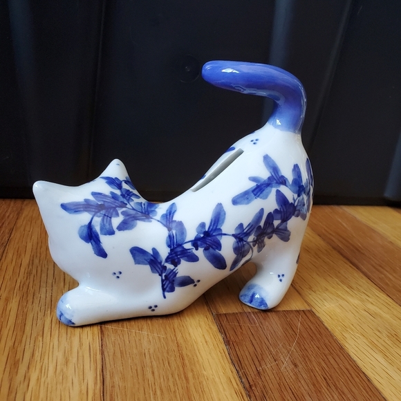 Cat kitten coin bank blue white floral print small - Picture 4 of 9